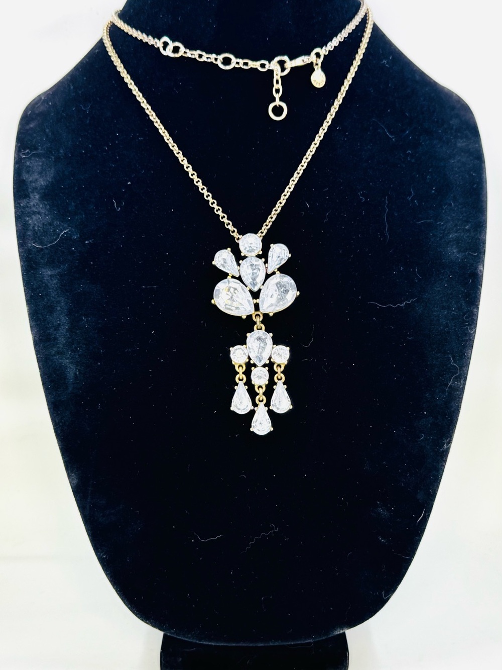 J. Crew Gold Tone & Rhinestone Chandelier Pendant Necklace 30-33”